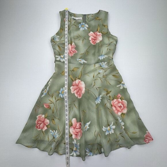Sarah Richards Green Floral Dress Sleeveless Lined Belted Tie - Picture 6 of 6